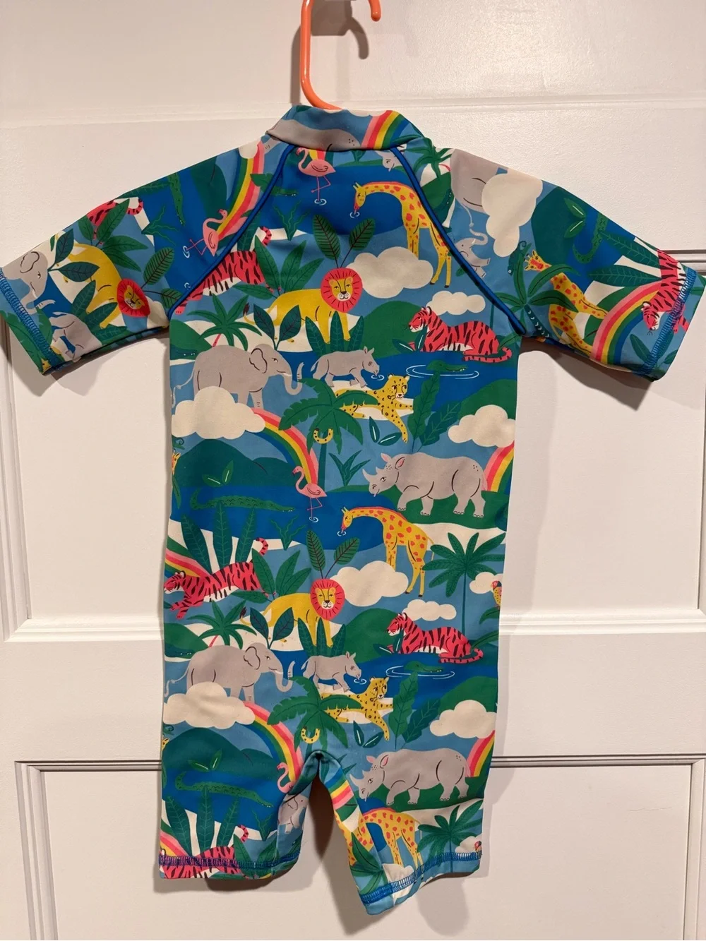 Baby Boden Teal Jungle Print Short-Sleeve Swim Romper